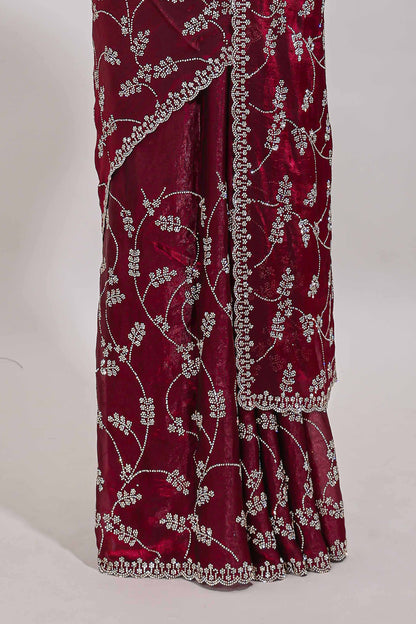 Maroon floral vine stone work designer saree with self scallop border and matching blouse