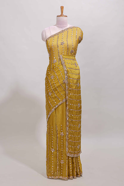 Mustard floral design chamki work designer saree with self scallop border and matching blouse