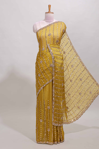Mustard floral design chamki work designer saree with self scallop border and matching blouse