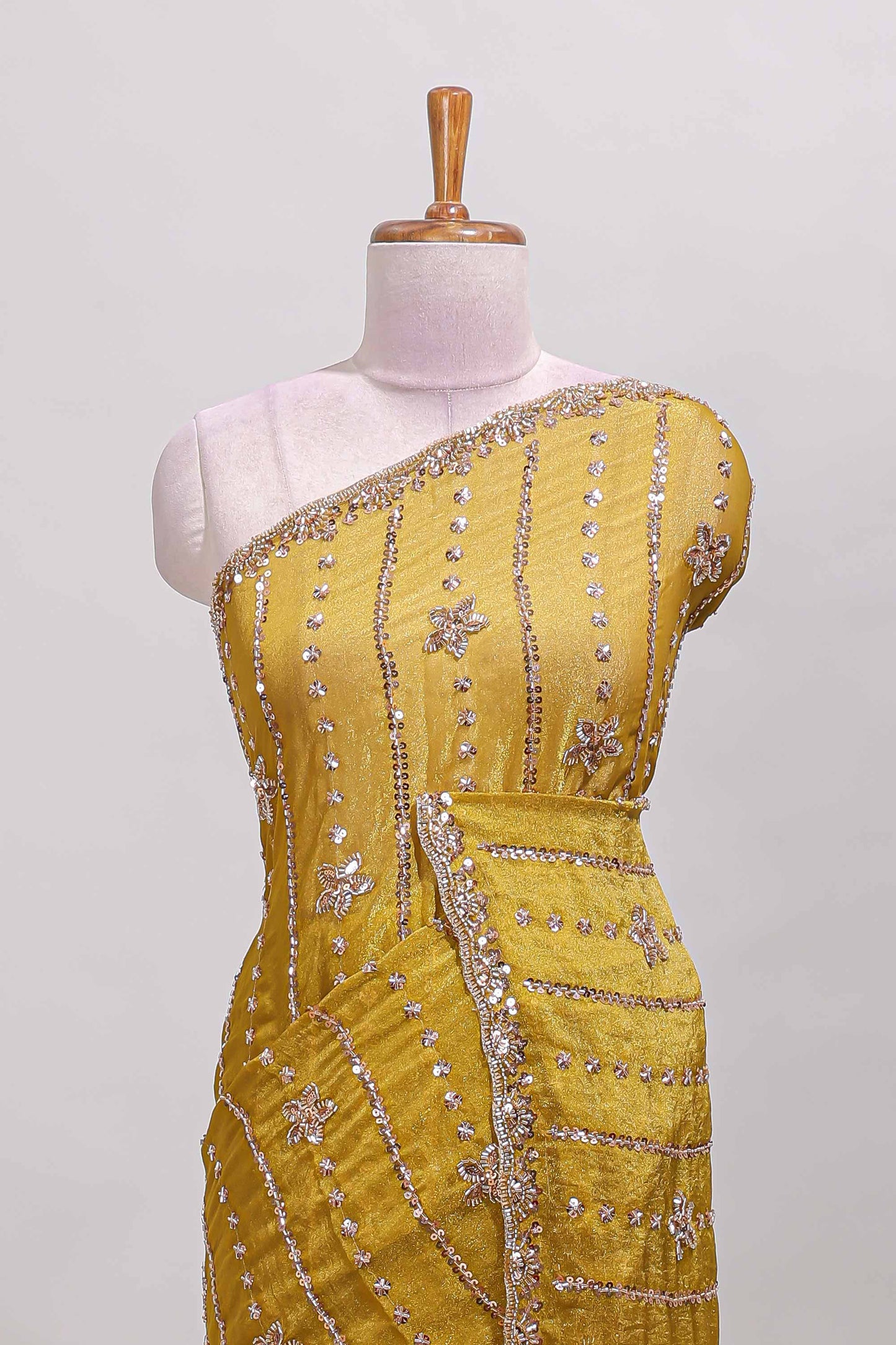 Mustard floral design chamki work designer saree with self scallop border and matching blouse