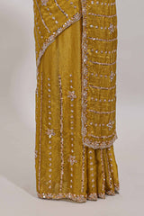 Mustard floral design chamki work designer saree with self scallop border and matching blouse