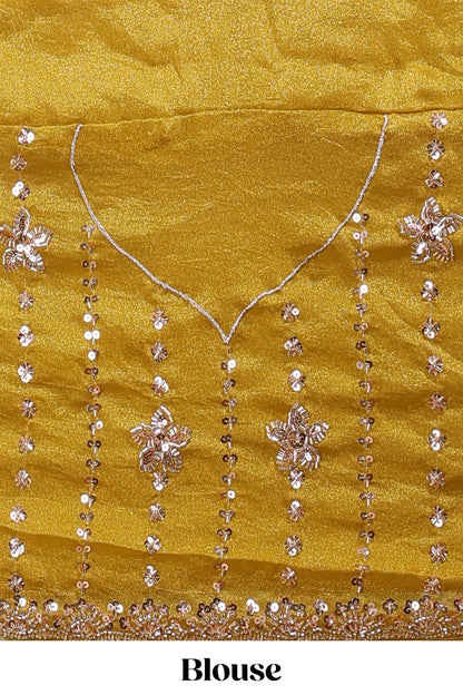 Mustard floral design chamki work designer saree with self scallop border and matching blouse