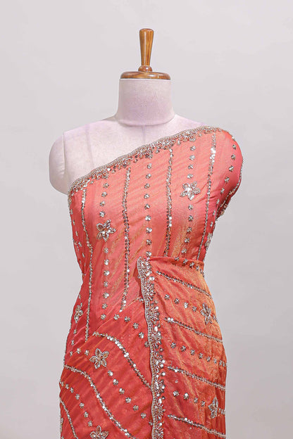 Peach floral design chamki work designer saree with self scallop border and matching blouse