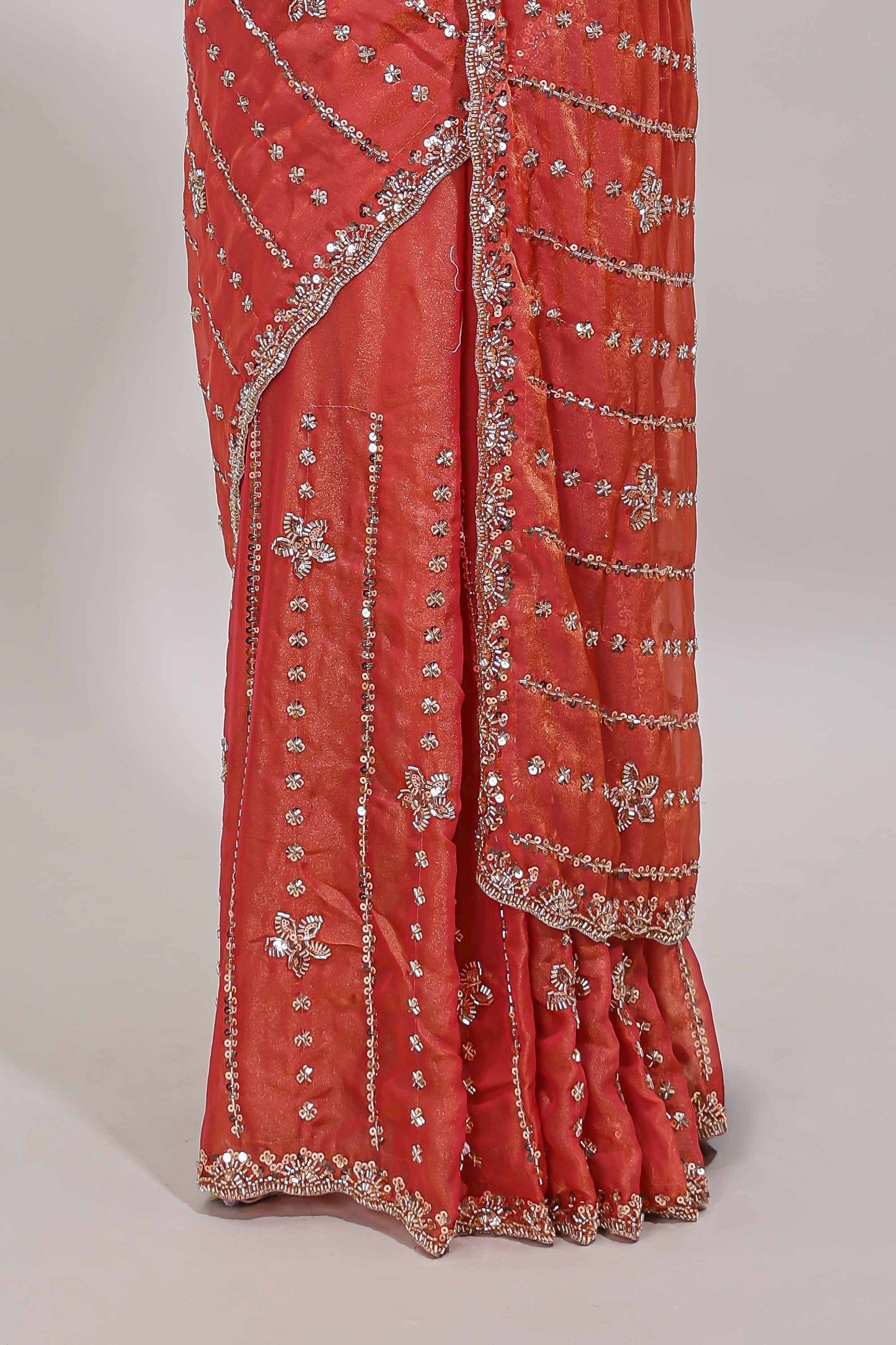 Peach floral design chamki work designer saree with self scallop border and matching blouse