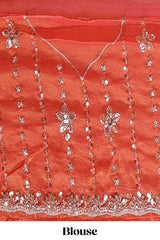 Peach floral design chamki work designer saree with self scallop border and matching blouse