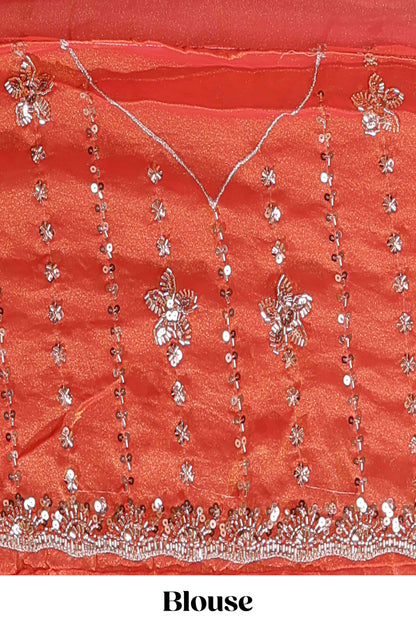 Peach floral design chamki work designer saree with self scallop border and matching blouse
