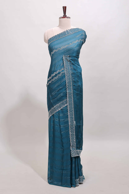 Forest green wave design stone work designer saree with self scallop border and matching blouse