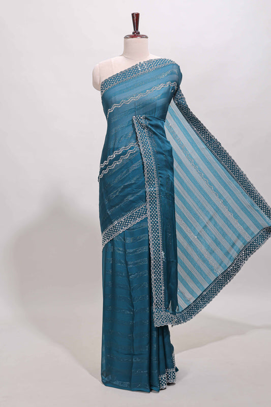 Forest green wave design stone work designer saree with self scallop border and matching blouse