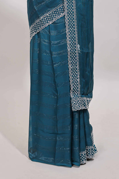 Forest green wave design stone work designer saree with self scallop border and matching blouse