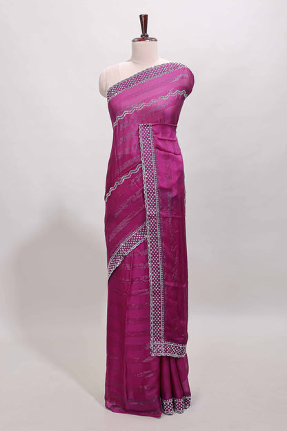 Magenta wave design stone work designer saree with self scallop border and matching blouse