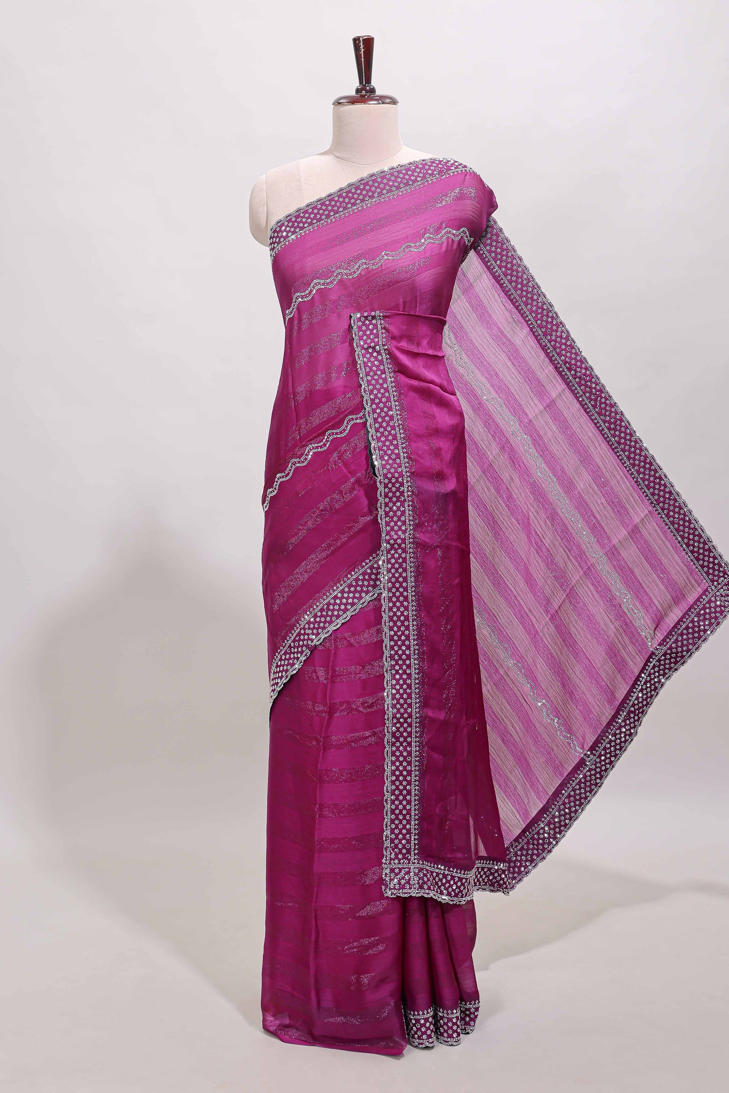 Magenta wave design stone work designer saree with self scallop border and matching blouse