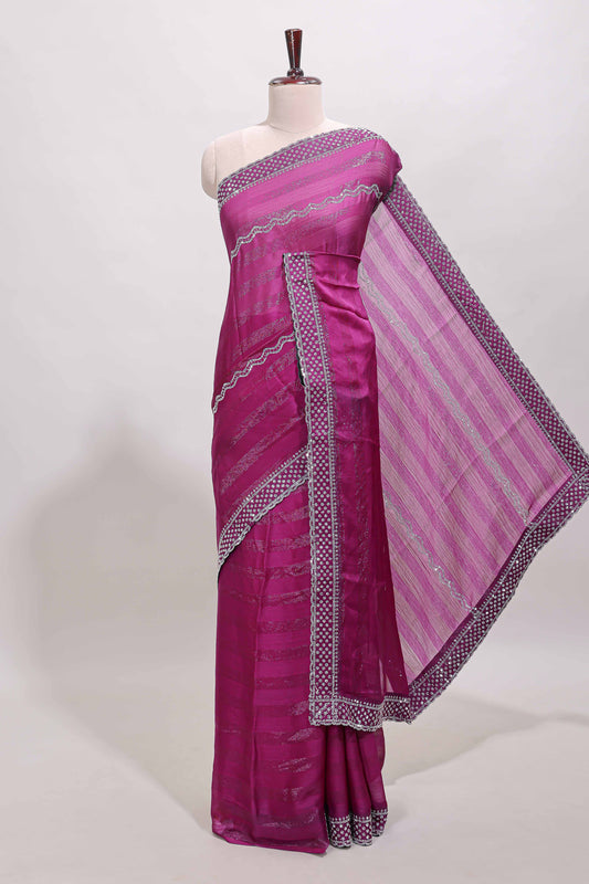 Magenta wave design stone work designer saree with self scallop border and matching blouse