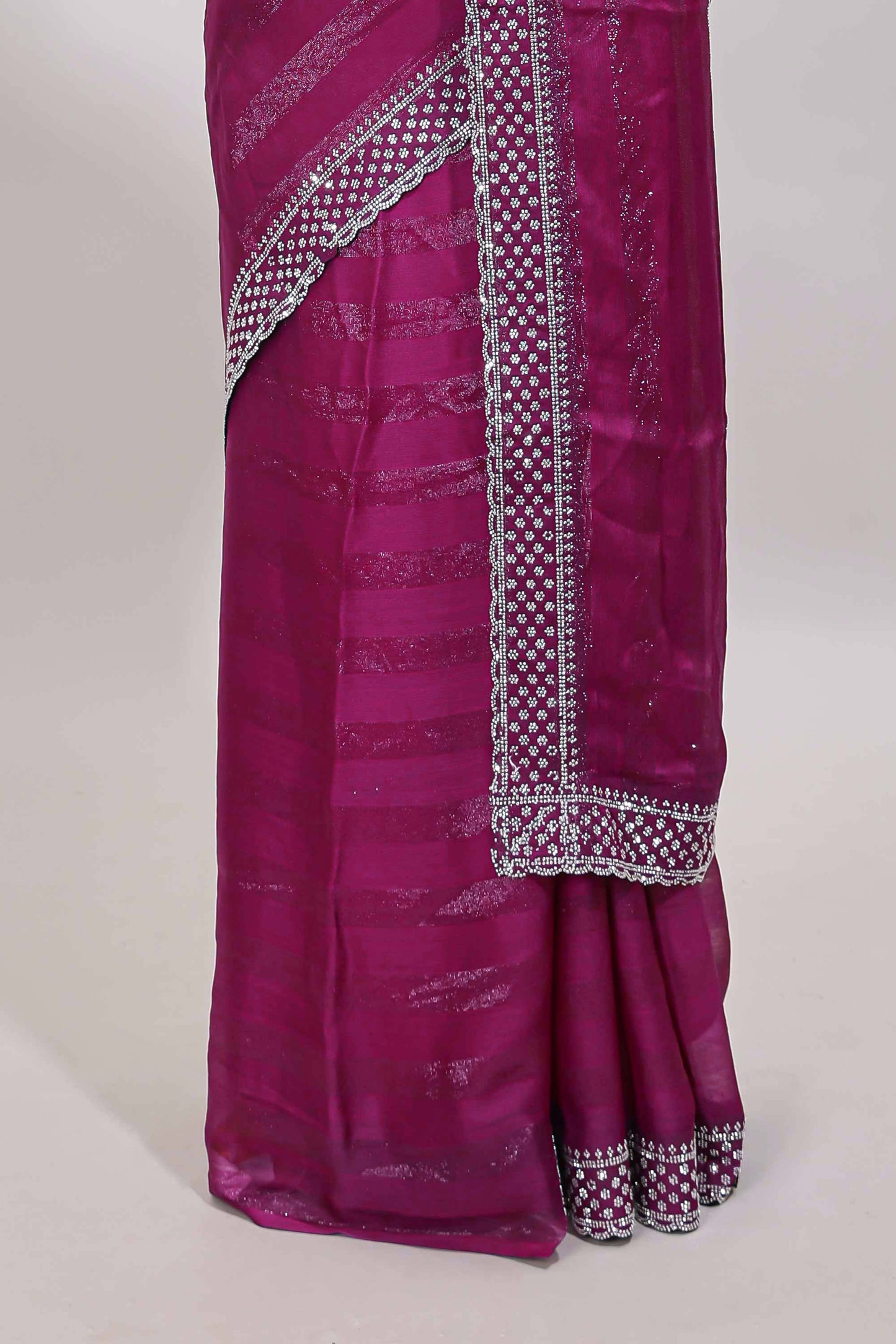 Magenta wave design stone work designer saree with self scallop border and matching blouse