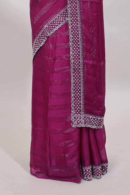 Magenta wave design stone work designer saree with self scallop border and matching blouse