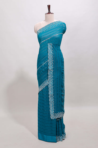 Bondi blue striped design stone work designer saree with self scallop border and matching blouse