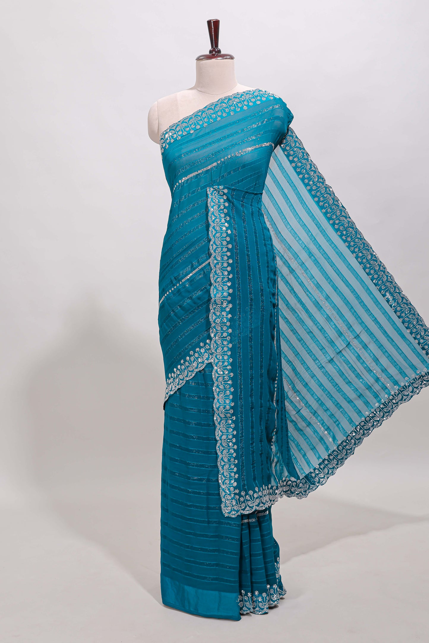 Bondi blue striped design stone work designer saree with self scallop border and matching blouse