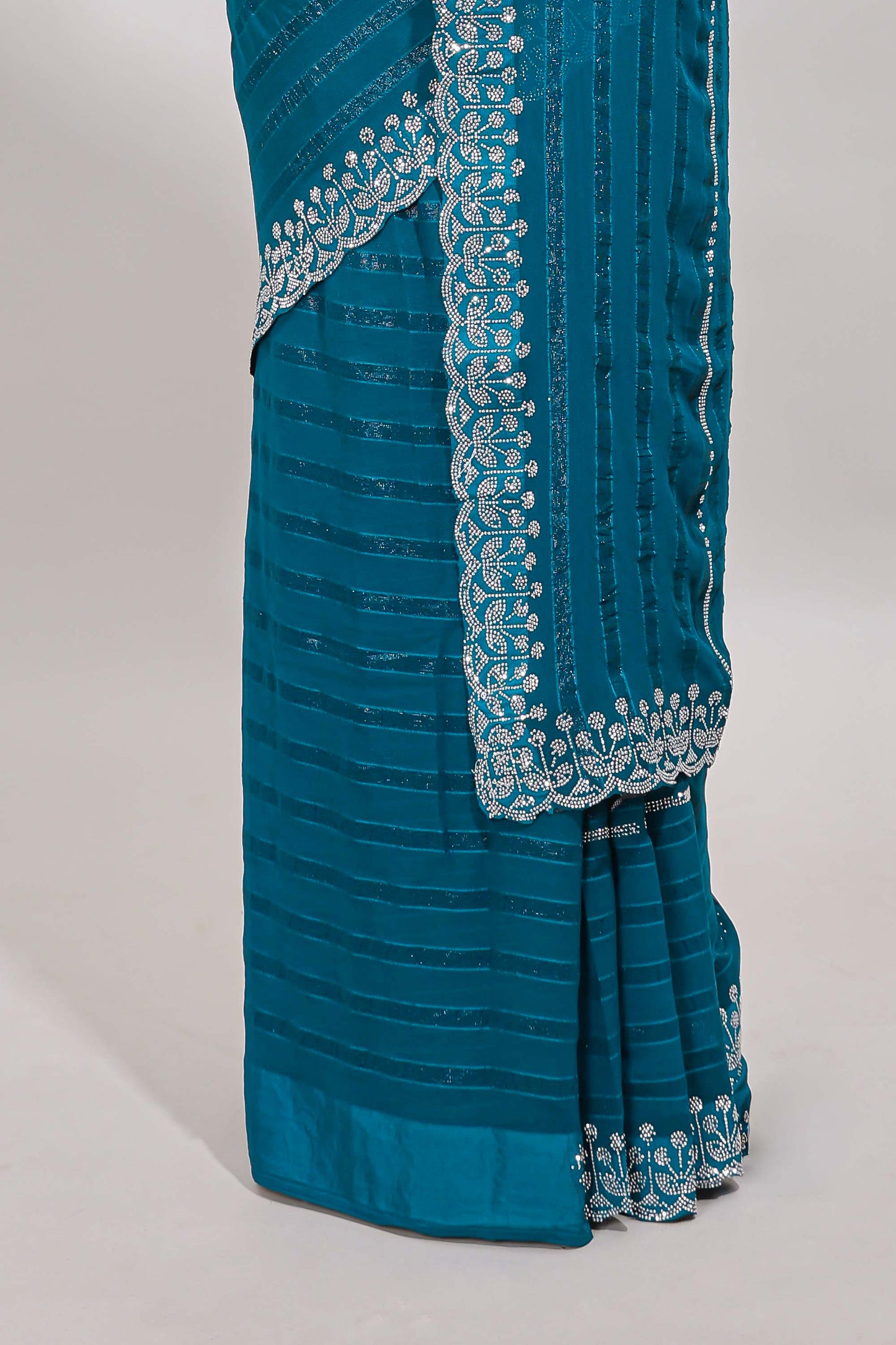 Bondi blue striped design stone work designer saree with self scallop border and matching blouse