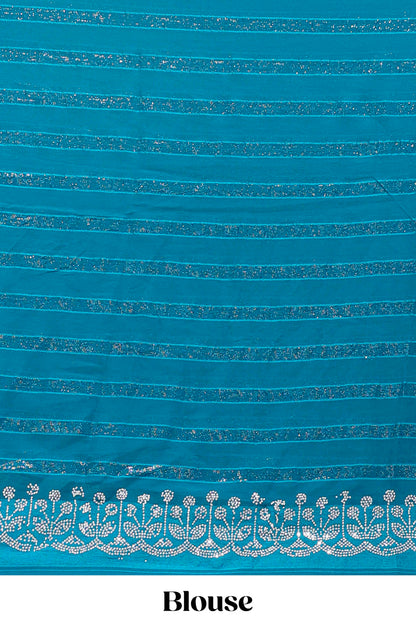 Bondi blue striped design stone work designer saree with self scallop border and matching blouse