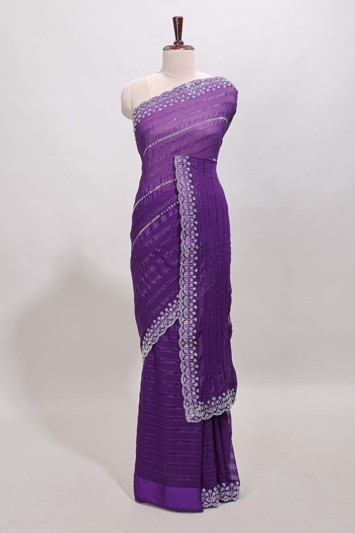 Lavender striped design stone work designer saree with self floral scallop border and matching blouse