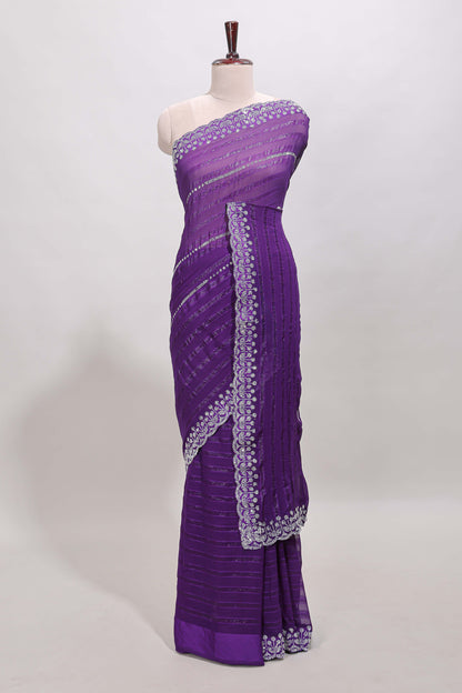 Lavender striped design stone work designer saree with self floral scallop border and matching blouse