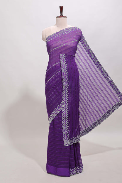 Lavender striped design stone work designer saree with self floral scallop border and matching blouse