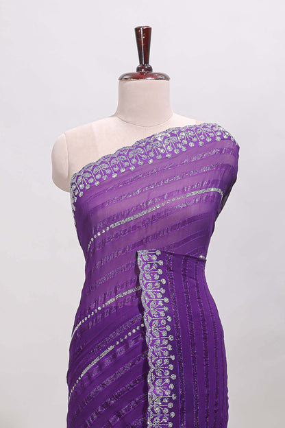 Lavender striped design stone work designer saree with self floral scallop border and matching blouse