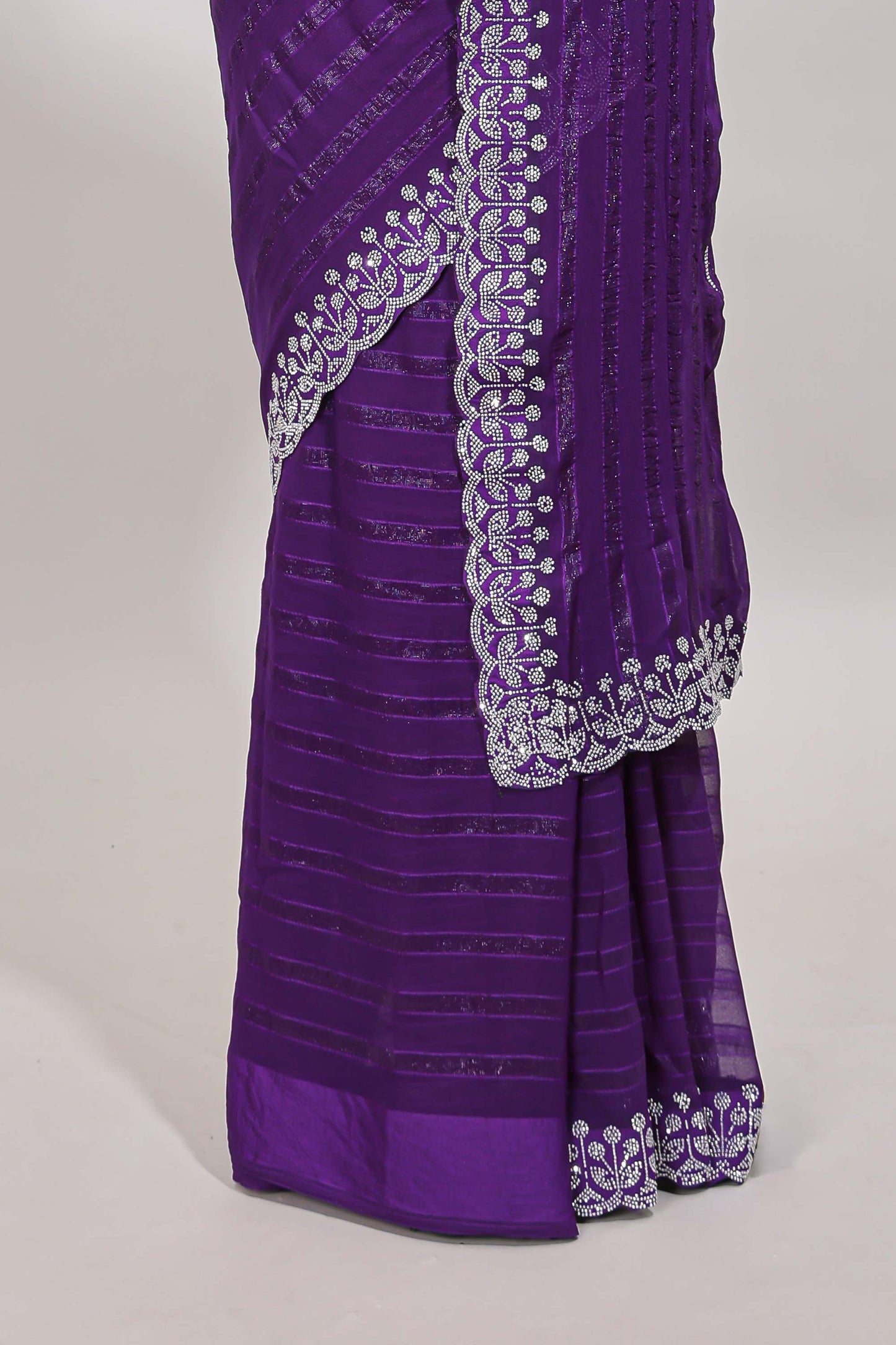 Lavender striped design stone work designer saree with self floral scallop border and matching blouse