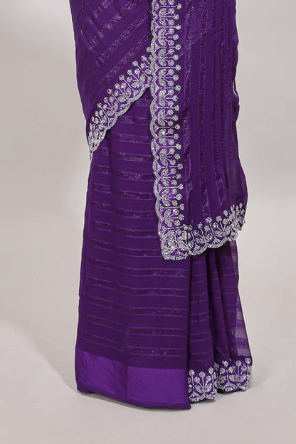 Lavender striped design stone work designer saree with self floral scallop border and matching blouse