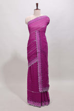 Dark magenta striped design stone work designer saree with self floral scallop border and matching blouse