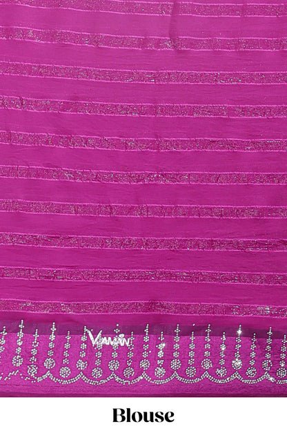 Dark magenta striped design stone work designer saree with self floral scallop border and matching blouse