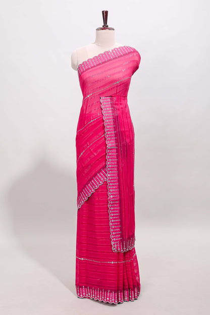 Pink striped design stone work designer saree with self floral scallop border and matching blouse