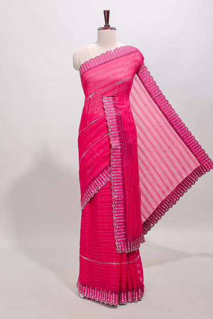 Pink striped design stone work designer saree with self floral scallop border and matching blouse