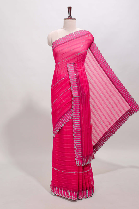 Pink striped design stone work designer saree with self floral scallop border and matching blouse