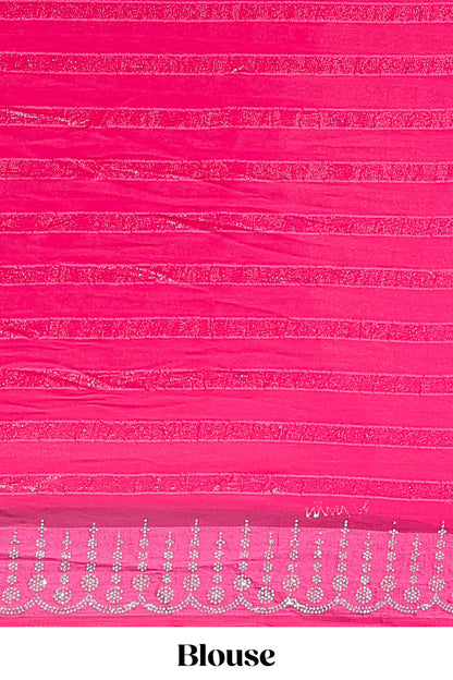 Pink striped design stone work designer saree with self floral scallop border and matching blouse