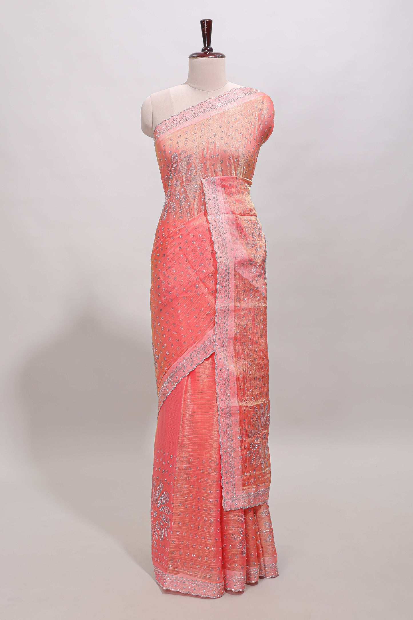 Orange floral motifs design stone work designer saree with self scallop border and matching blouse