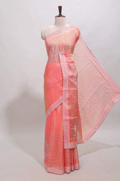 Orange floral motifs design stone work designer saree with self scallop border and matching blouse