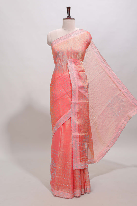 Orange floral motifs design stone work designer saree with self scallop border and matching blouse