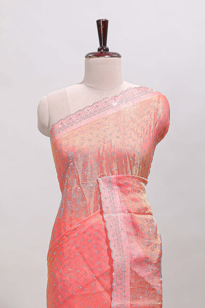 Orange floral motifs design stone work designer saree with self scallop border and matching blouse