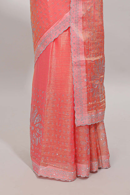 Orange floral motifs design stone work designer saree with self scallop border and matching blouse