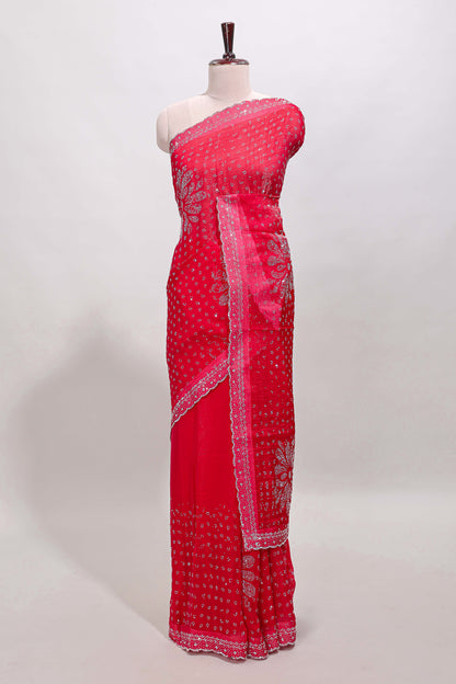 Red floral motifs design stone work designer saree with self scallop border and matching blouse