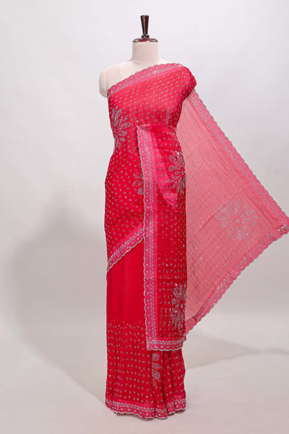 Red floral motifs design stone work designer saree with self scallop border and matching blouse