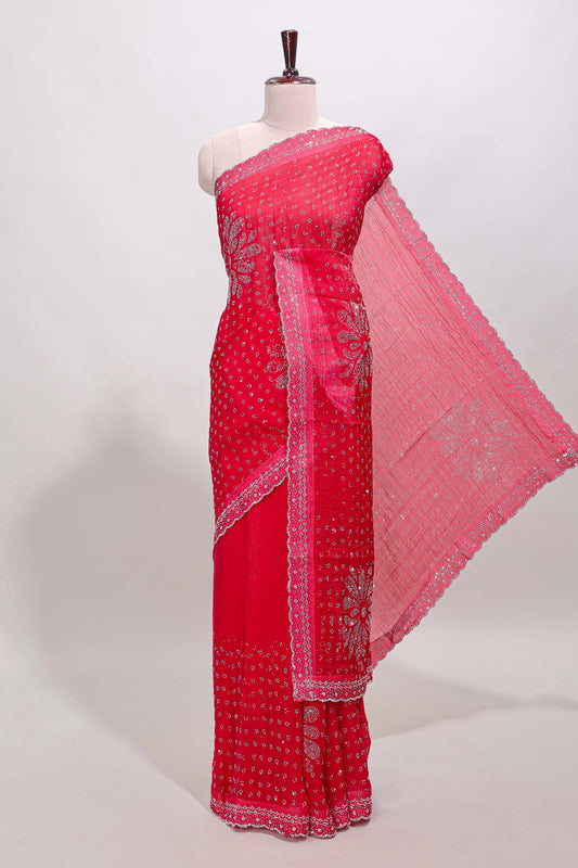 Red floral motifs design stone work designer saree with self scallop border and matching blouse