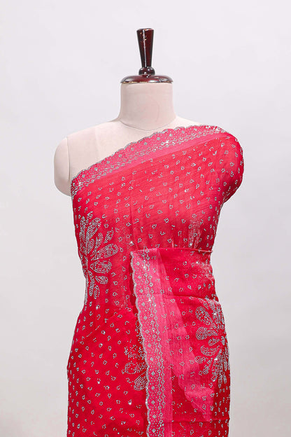 Red floral motifs design stone work designer saree with self scallop border and matching blouse