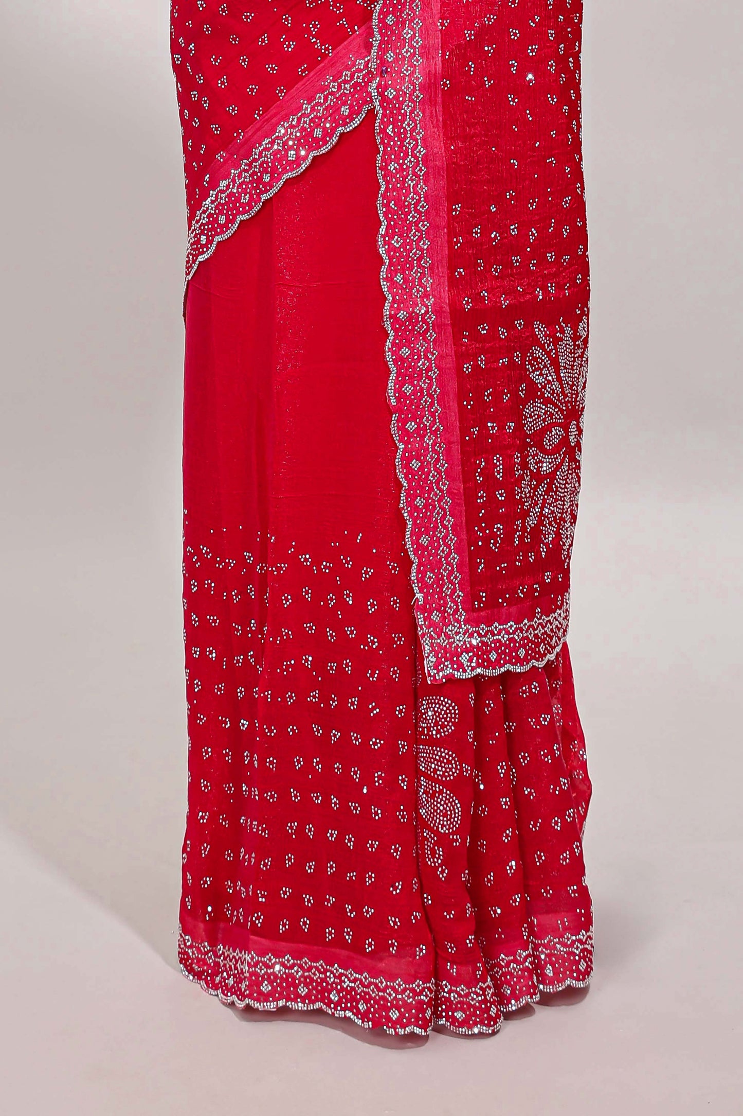 Red floral motifs design stone work designer saree with self scallop border and matching blouse