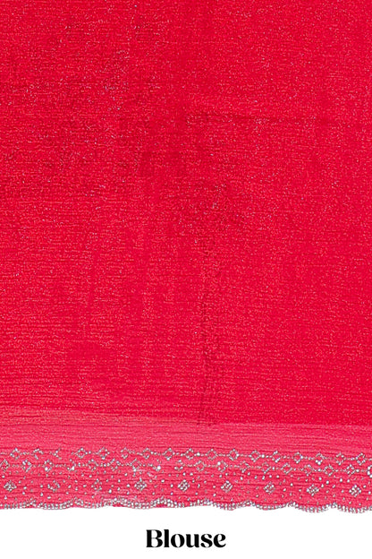 Red floral motifs design stone work designer saree with self scallop border and matching blouse