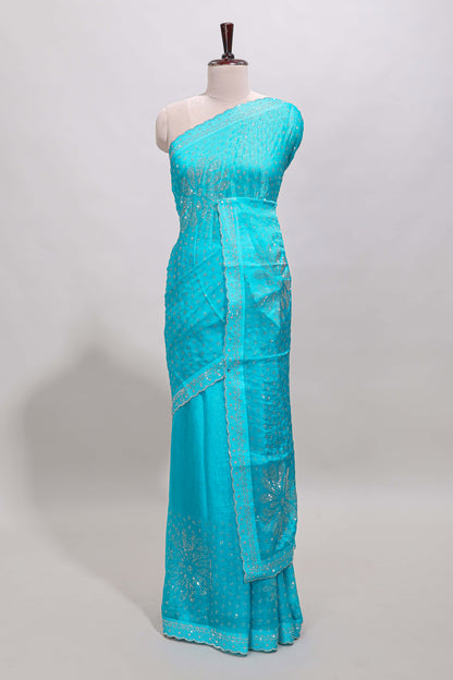 Turquiose blue floral motifs design stone work designer saree with self scallop border and matching blouse