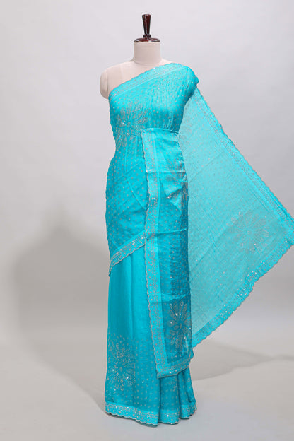Turquiose blue floral motifs design stone work designer saree with self scallop border and matching blouse
