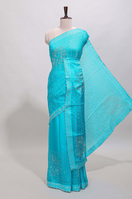 Turquiose blue floral motifs design stone work designer saree with self scallop border and matching blouse