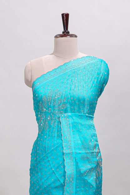Turquiose blue floral motifs design stone work designer saree with self scallop border and matching blouse