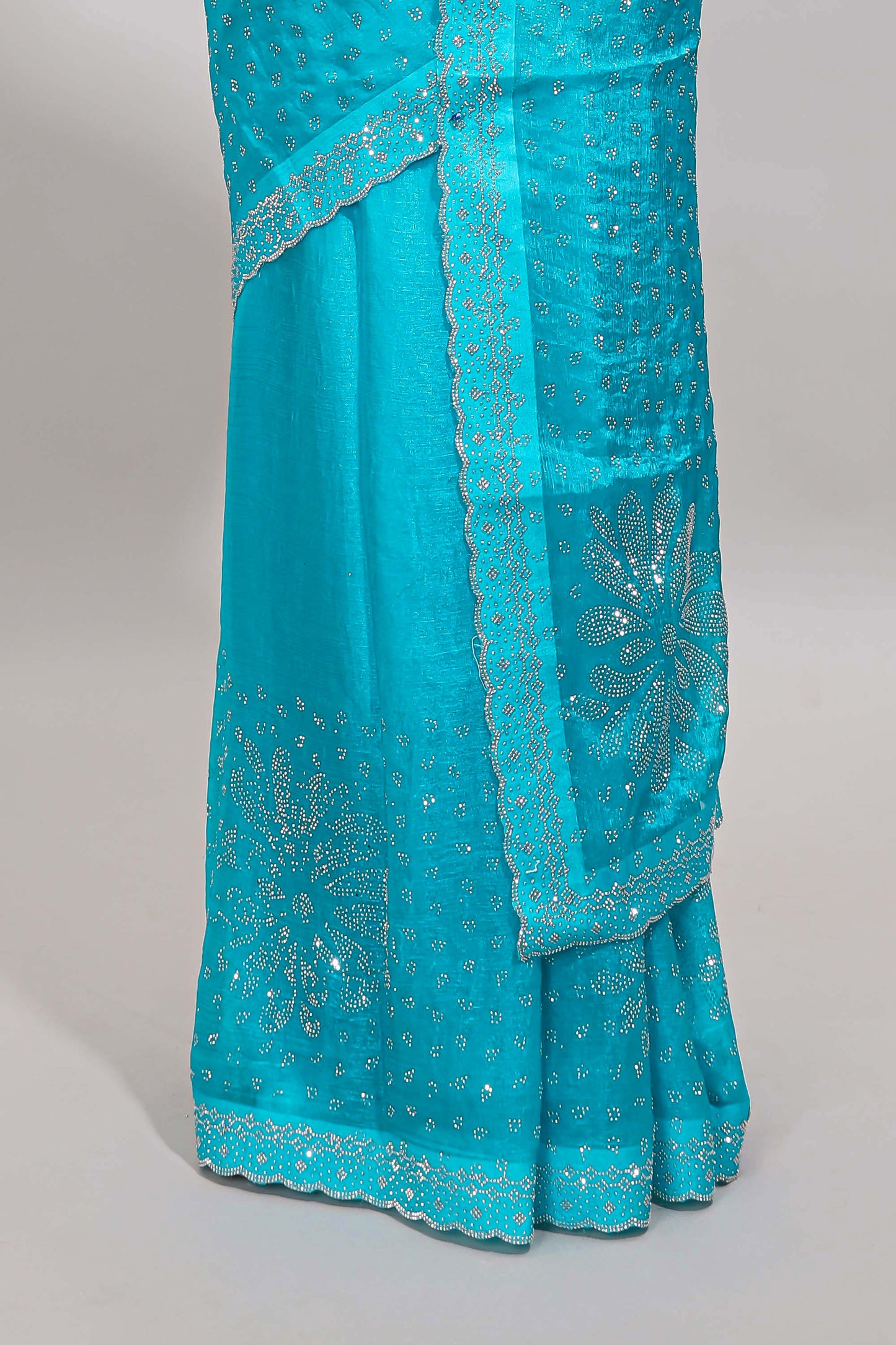 Turquiose blue floral motifs design stone work designer saree with self scallop border and matching blouse